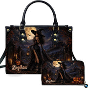 Personalized Witch Handbag with Purse, Custom Name Gothic Leather Bag Set for Women, Halloween Shoulder Bag, Witch Gift
