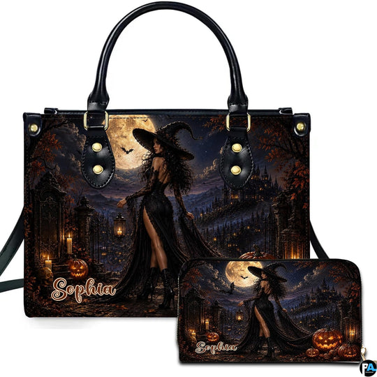 Personalized Witch Handbag with Purse, Custom Name Gothic Leather Bag Set for Women, Halloween Shoulder Bag, Witch Gift