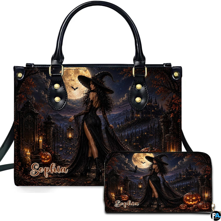 Personalized Witch Handbag with Purse, Custom Name Gothic Leather Bag Set for Women, Halloween Shoulder Bag, Witch Gift