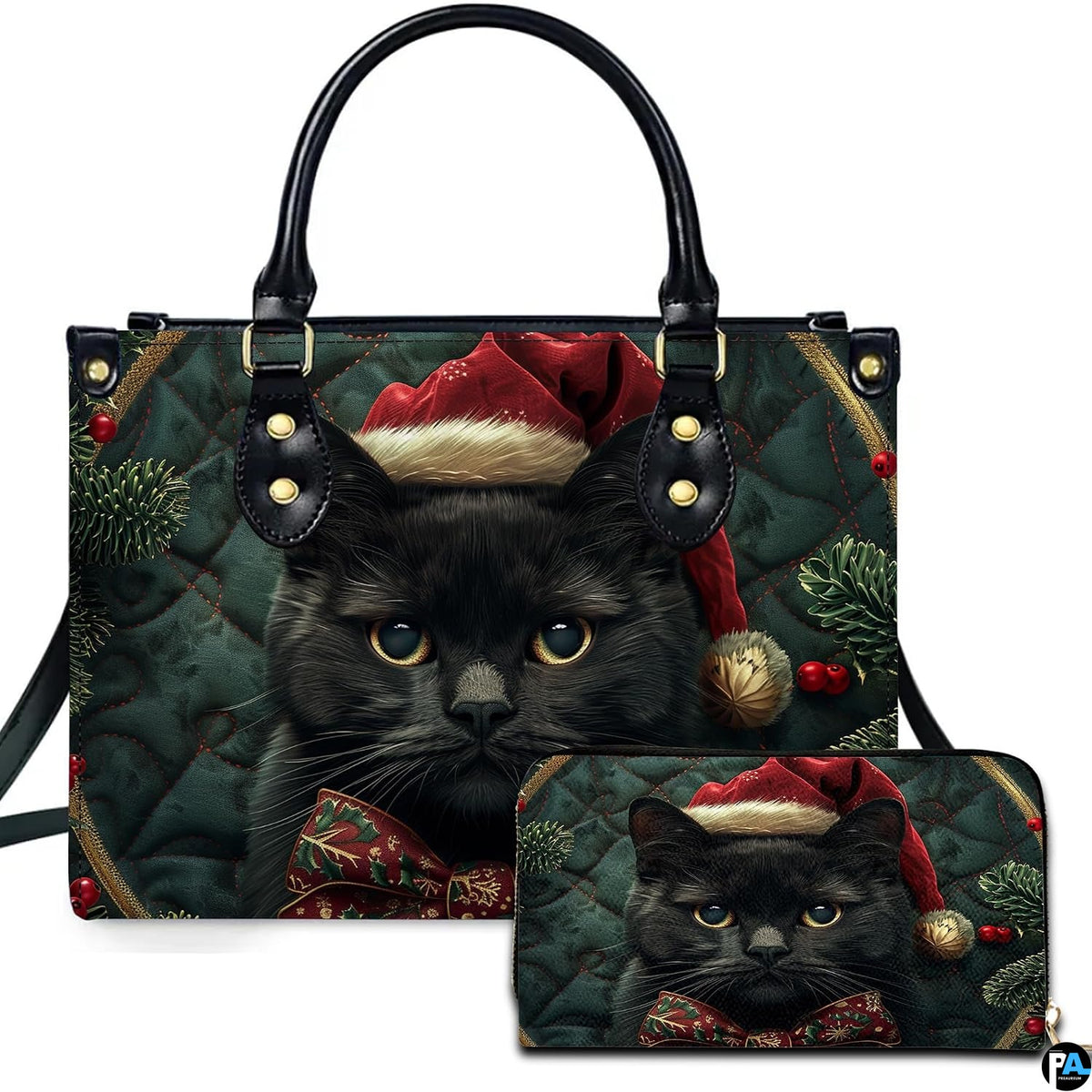 Front view of structured silhouette and matching accessory showcasing a black cat in a Santa hat and bow tie.