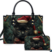 Front view of structured silhouette and matching accessory showcasing a black cat in a Santa hat and bow tie.