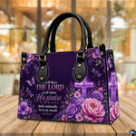 Dimensions diagram displaying sizing specifications for purple cross handbag and matching wallet.