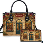 Front view of accessory set featuring neoclassical limestone bookstore facade, teal arched doors, and flower boxes