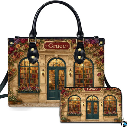 Front view of accessory set featuring neoclassical limestone bookstore facade, teal arched doors, and flower boxes
