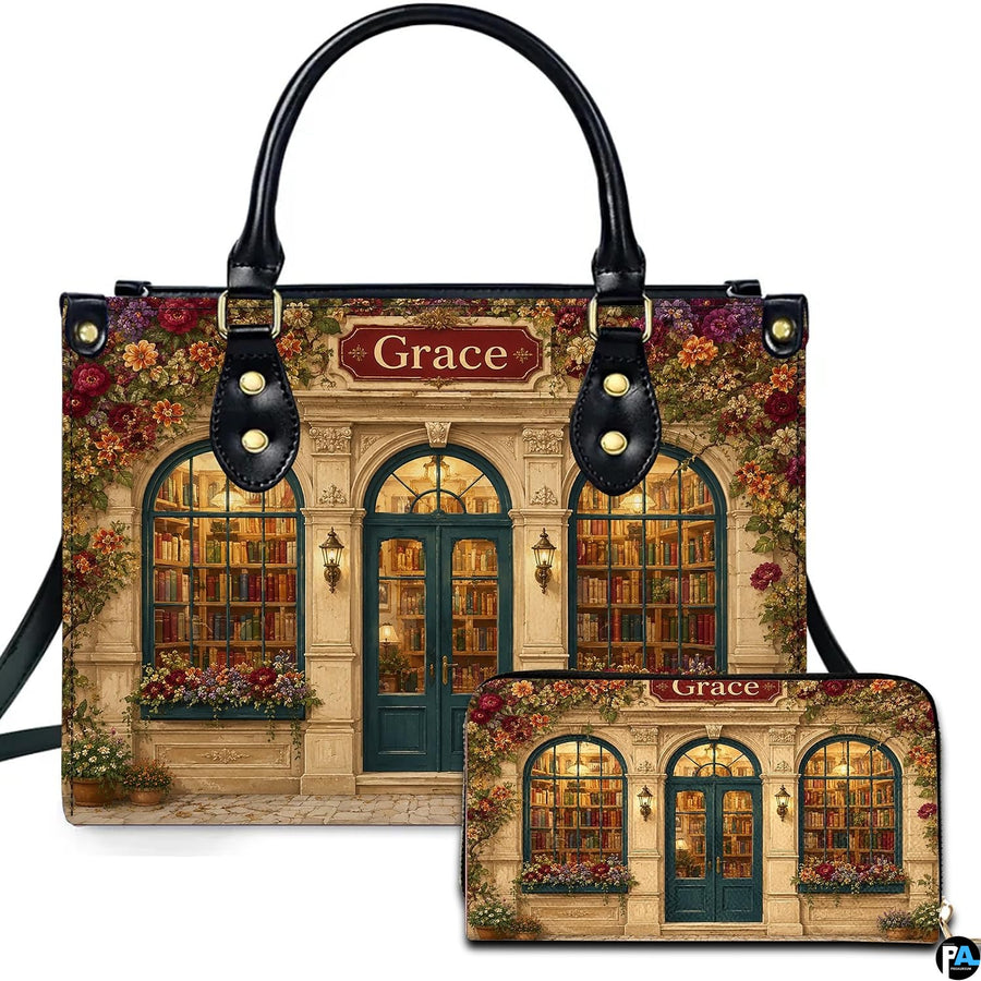 Front view of accessory set featuring neoclassical limestone bookstore facade, teal arched doors, and flower boxes