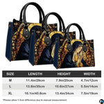 Product dimensions and sizing guide diagram for the praying Madonna handbag