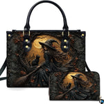 Witch and black cat art featuring a sorceress, feline, and harvest moon presented across an accessory pairing.