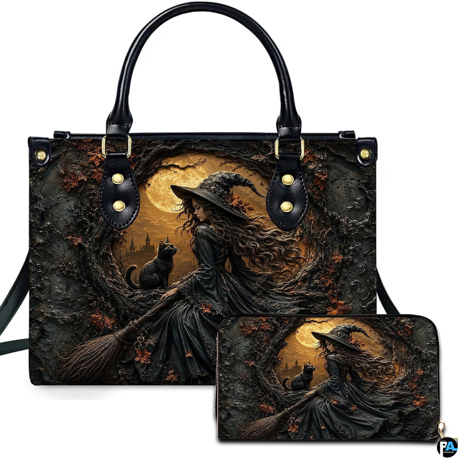 Witch and black cat art featuring a sorceress, feline, and harvest moon presented across an accessory pairing.