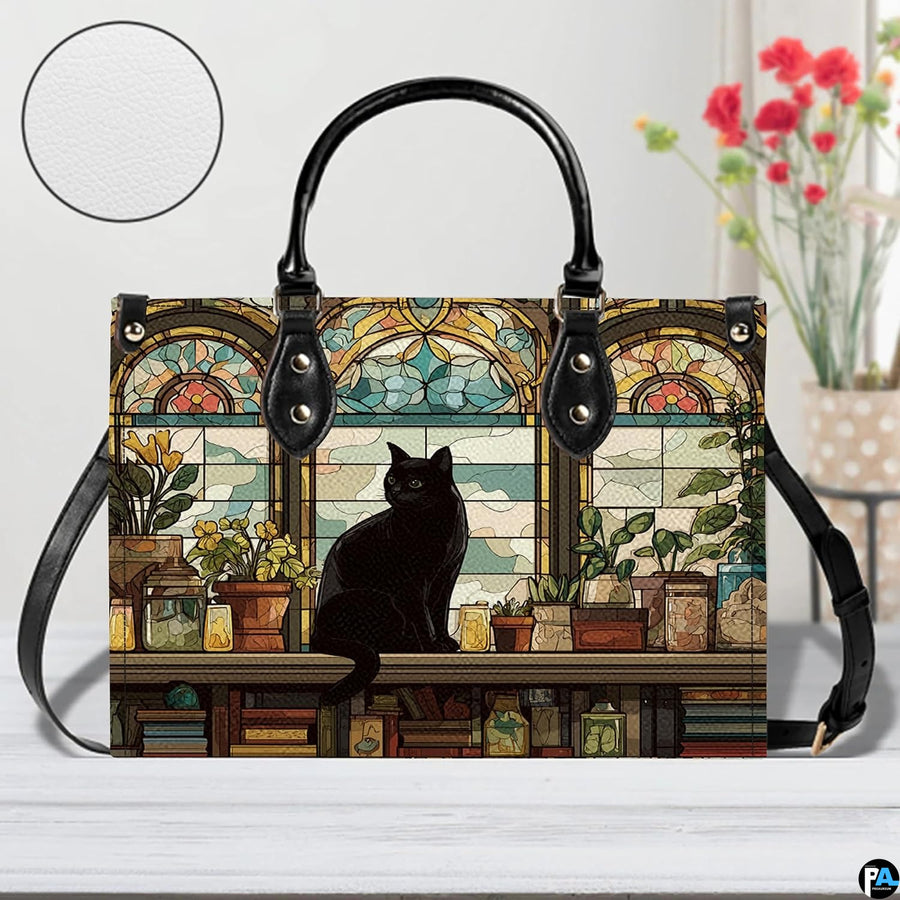 Straight-on studio view of library cat stained glass art highlighting detailed surface texture.