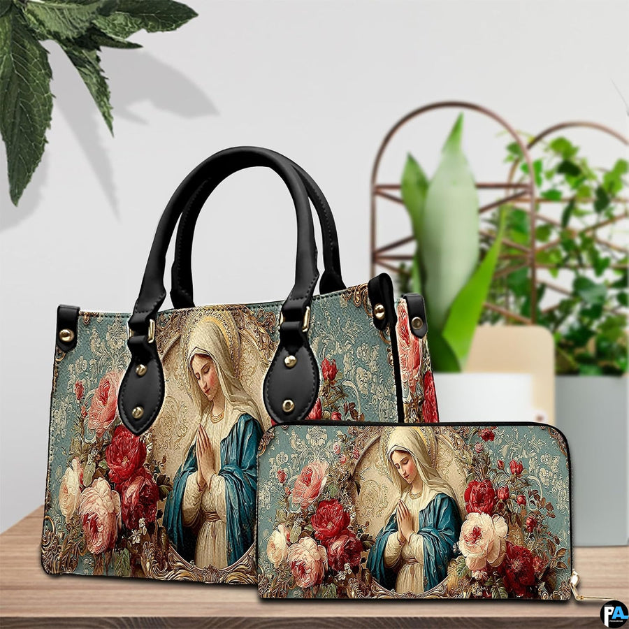 Bottom view displaying flat base and protective metal feet of the religious handbag.
