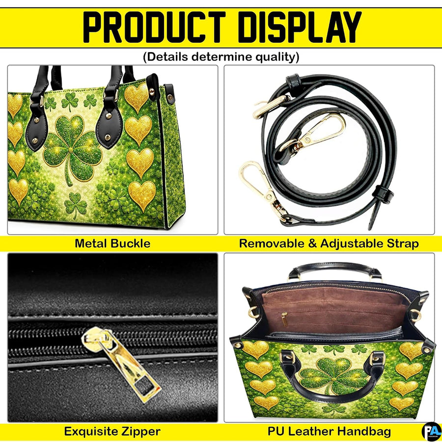 Detail views of green clover handbag with gold heart artwork