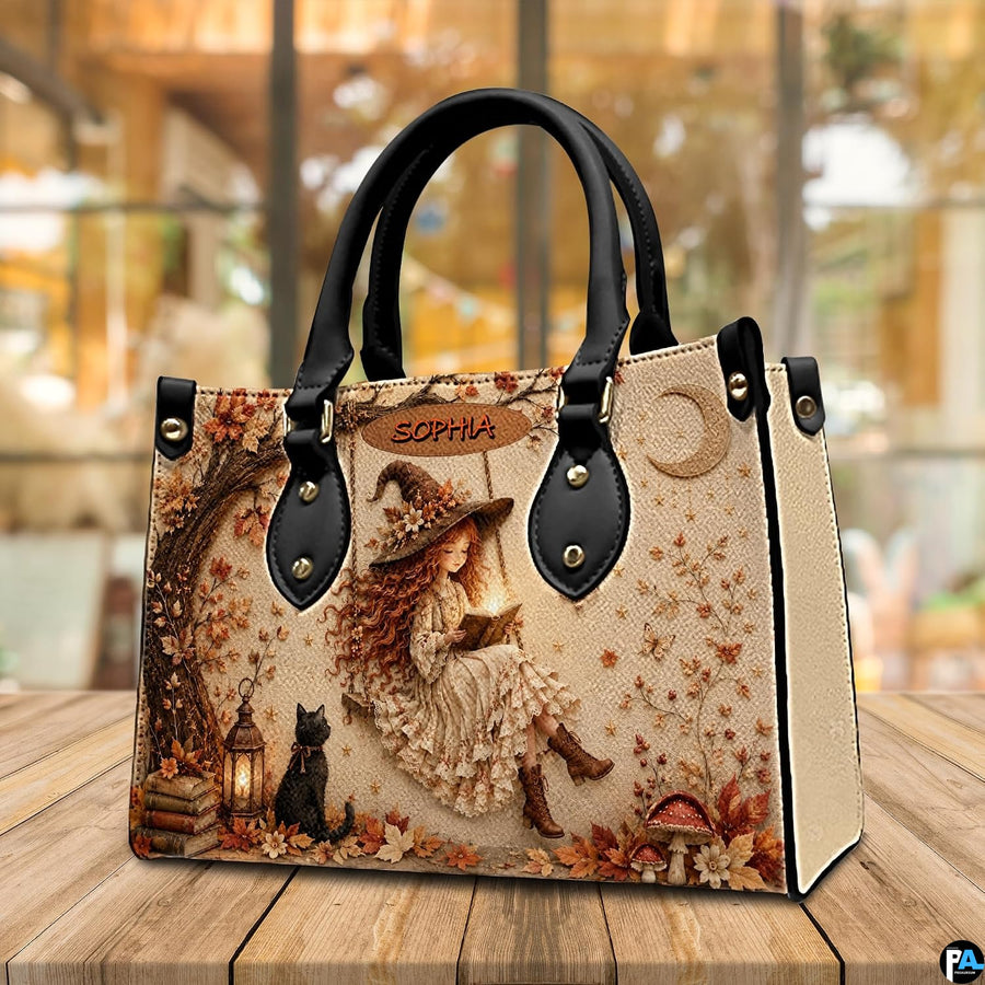 Witch swing satchel positioned on wooden table with warm ambient cafe bokeh lighting background.