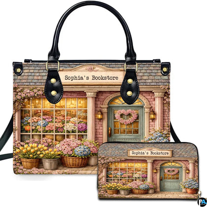 Storefront illustration on accessory set showing pink brick shop facade and blooming floral window displays.