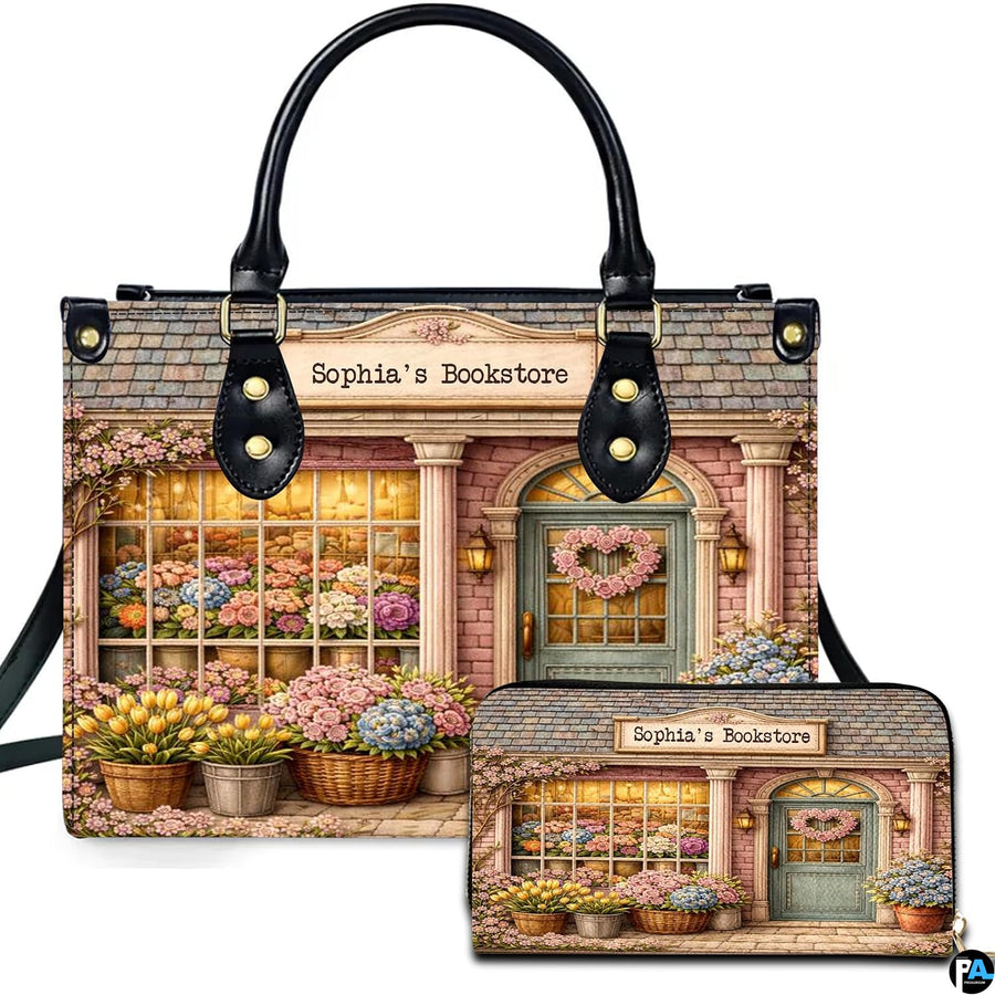 Storefront illustration on accessory set showing pink brick shop facade and blooming floral window displays.