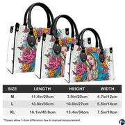 Size chart illustrating dimensions for medium, large, and extra large Virgin Mary handbags.