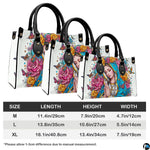 Size chart illustrating dimensions for medium, large, and extra large Virgin Mary handbags.