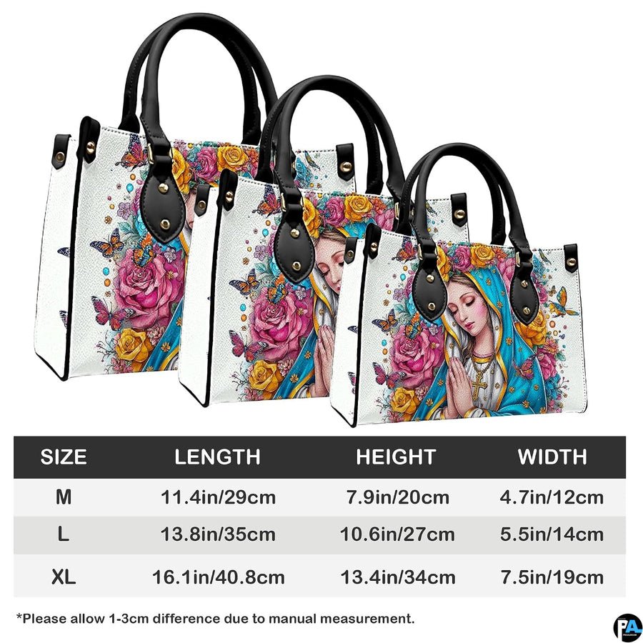 Size chart illustrating dimensions for medium, large, and extra large Virgin Mary handbags.