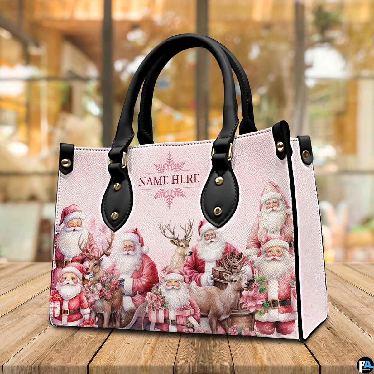 Lifestyle display of vintage Santa handbag resting on a rustic wooden table in a brightly lit room.