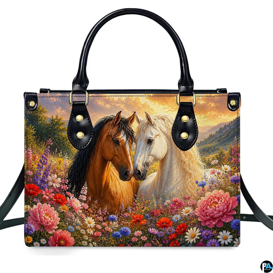 Horse couple art featuring a bay horse and white mare nuzzling in a vibrant wildflower meadow.