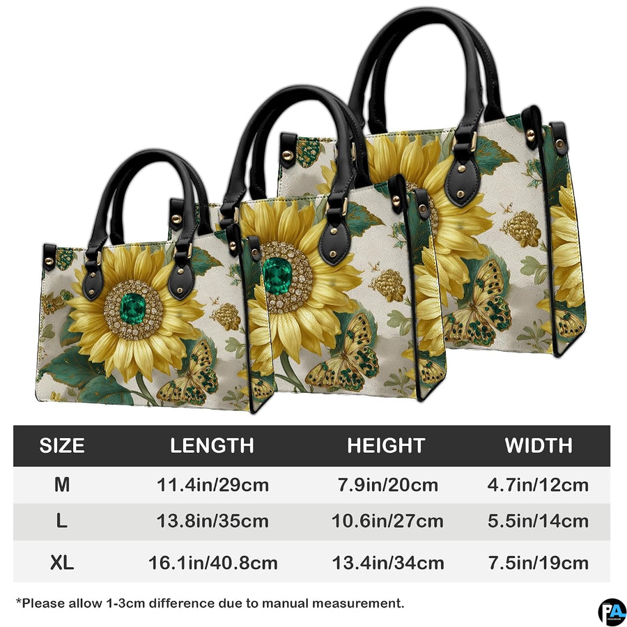 Coordinated jeweled sunflower handbag and matching wallet set on white surface