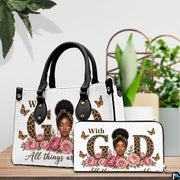 Tabletop presentation showing the floral faith artwork and matching accessory standing beside green house plants.