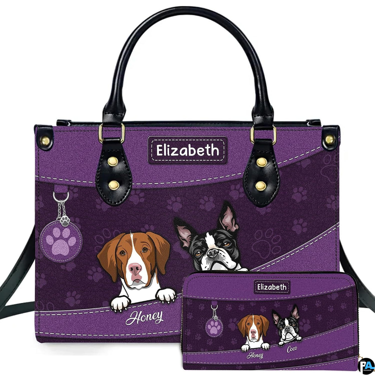 Front view of purple dog lover handbag and matching wallet featuring illustrated peeking pups and paw prints.