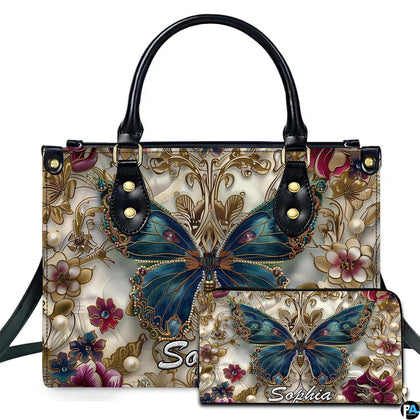 Baroque gold teal butterfly handbag and matching wallet set
