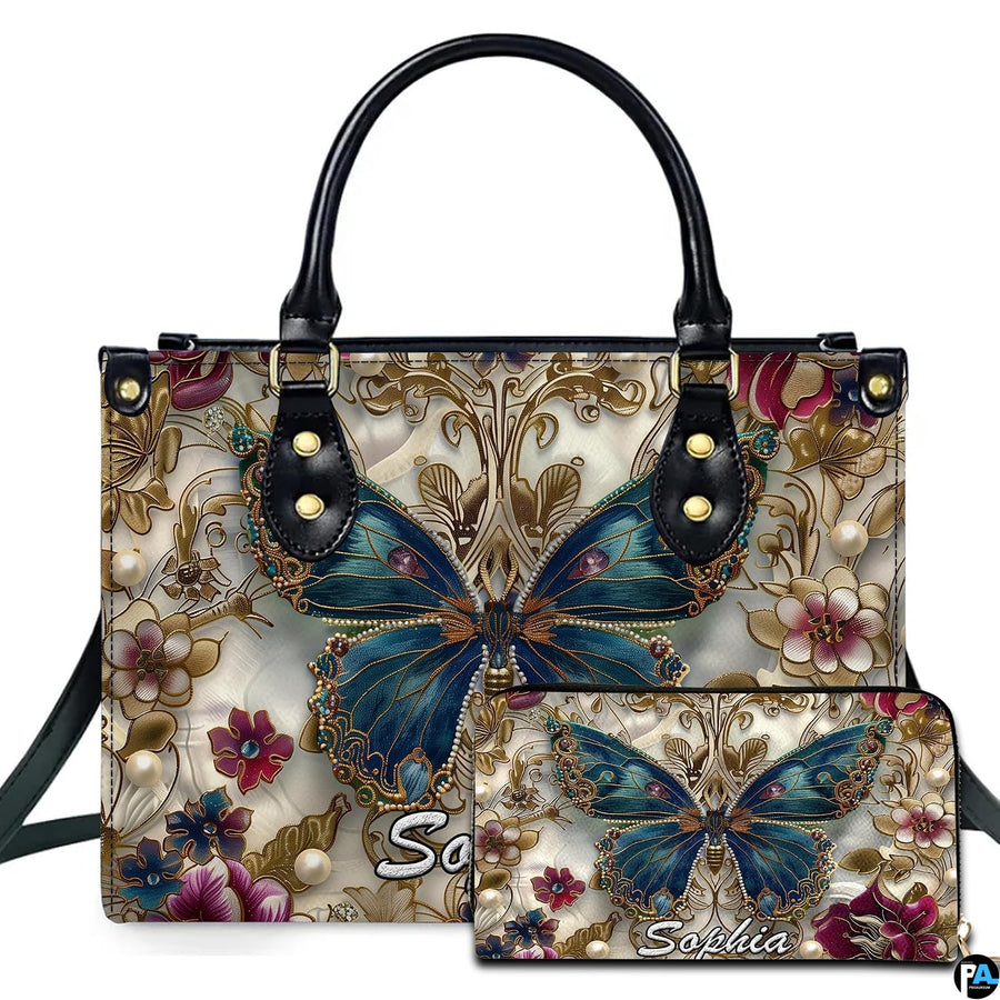 Baroque gold teal butterfly handbag and matching wallet set