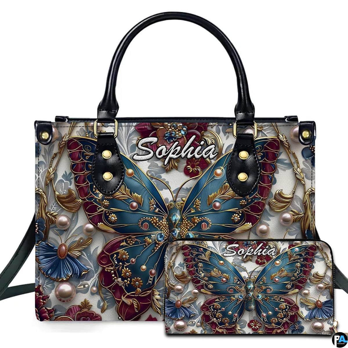 Baroque teal burgundy butterfly handbag and matching wallet set