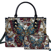 Baroque teal burgundy butterfly handbag and matching wallet set