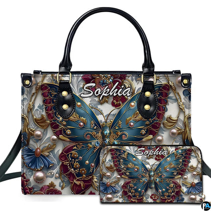Baroque teal burgundy butterfly handbag and matching wallet set