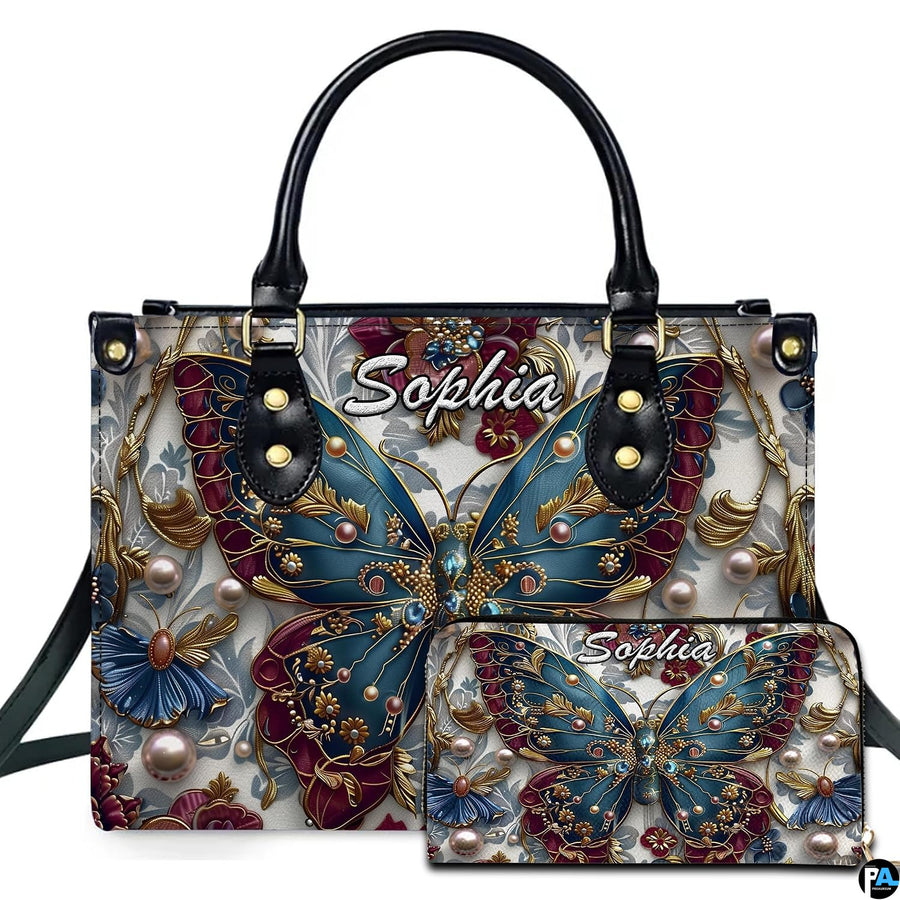 Baroque teal burgundy butterfly handbag and matching wallet set