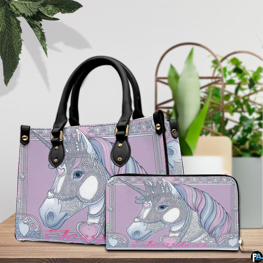 Front view showing crowned unicorn, pastel pink and blue locks, and ornate frame