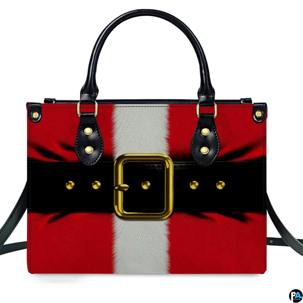 Frontal studio view of holiday handbag featuring Santa red coat graphic, white stripe, and golden belt buckle.