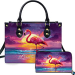 Ocean sunset flamingo handbag and matching wallet set featuring a standing flamingo by the waves.