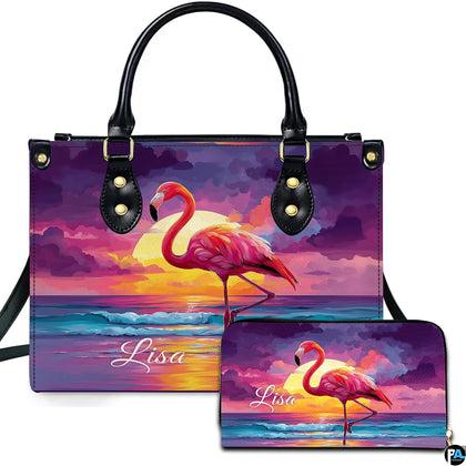 Ocean sunset flamingo handbag and matching wallet set featuring a standing flamingo by the waves.