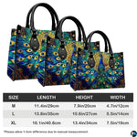 Peacock artwork handbag shown in three size silhouettes