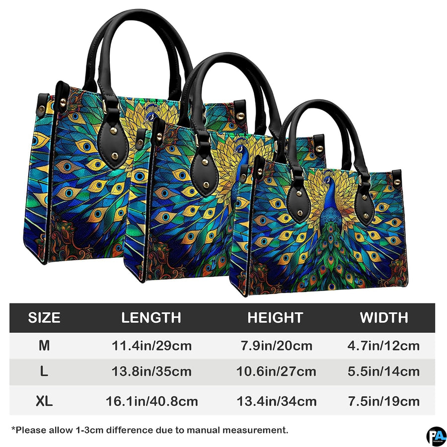 Peacock artwork handbag shown in three size silhouettes