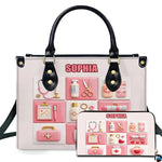 Contextual lifestyle display of the pink medical grid handbag in an interior setting.