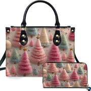 Pastel holiday trees artwork featuring pink and mint trees with gold stars on ivory backdrop