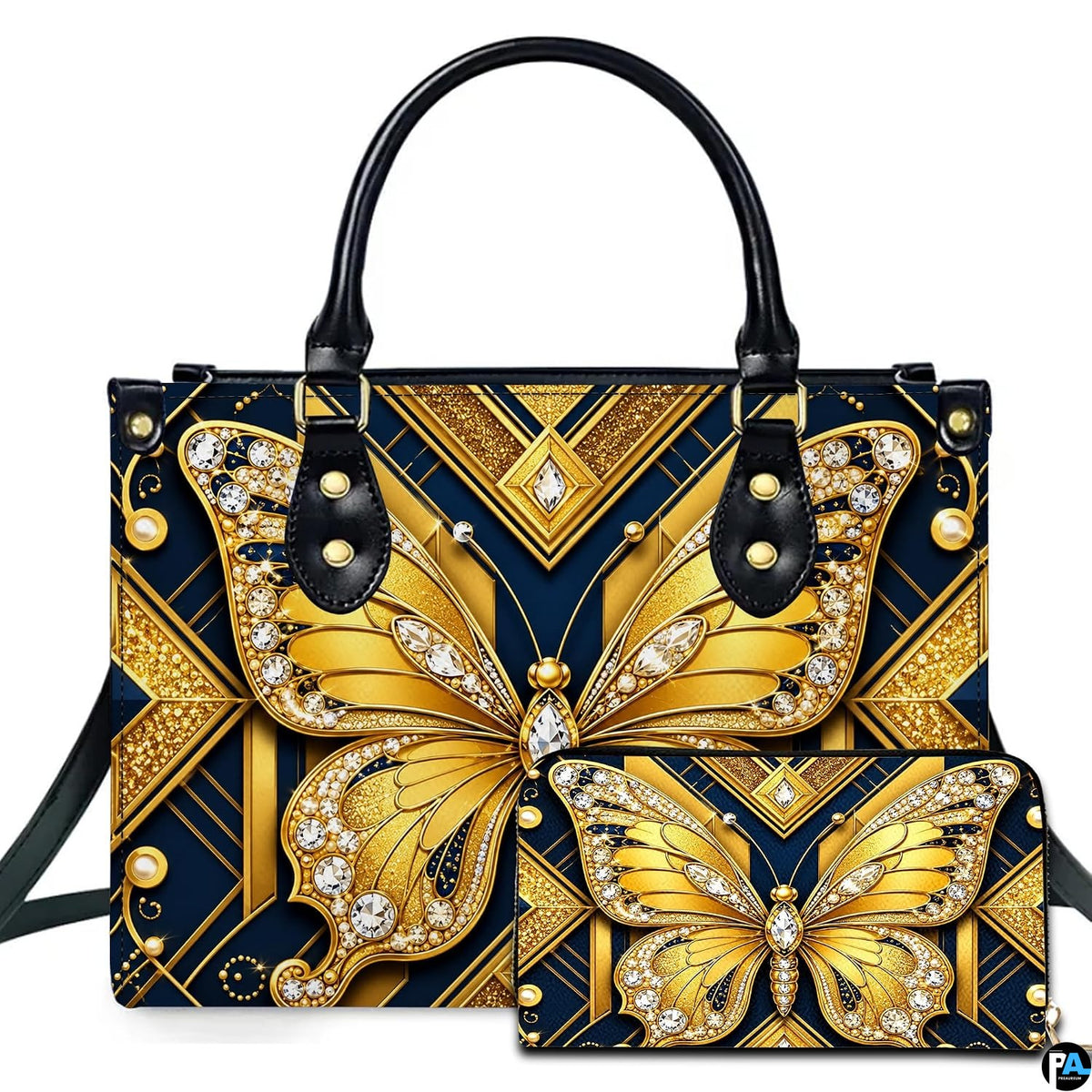Studio presentation showing golden butterfly artwork alongside matching companion accessory on white surface.