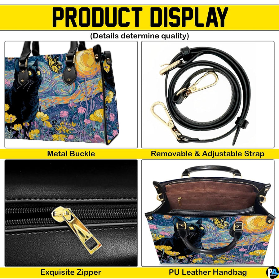 Four-panel layout presenting close-up visual accents of the starry cat artwork.