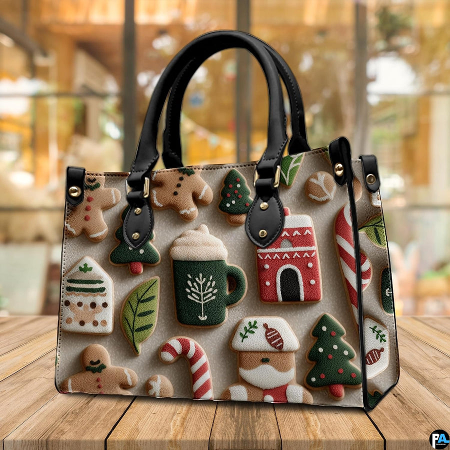 Tabletop view on wooden surface displaying festive gingerbread holiday cookie pattern.