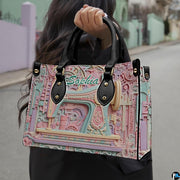 Model outdoors holding pastel sewing machine sculpture art accessory in natural daylight.