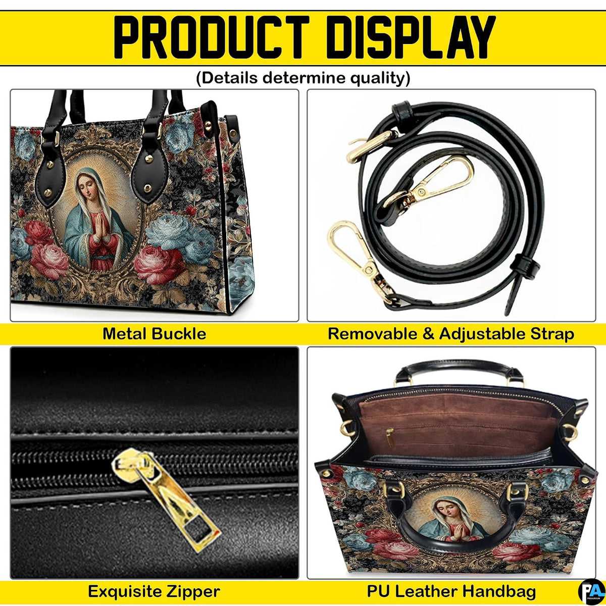 Side profile and structured bottom base of Baroque floral handbag.
