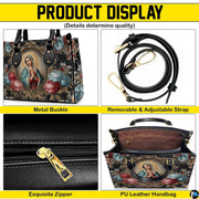Side profile and structured bottom base of Baroque floral handbag.