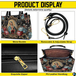 Side profile and structured bottom base of Baroque floral handbag.