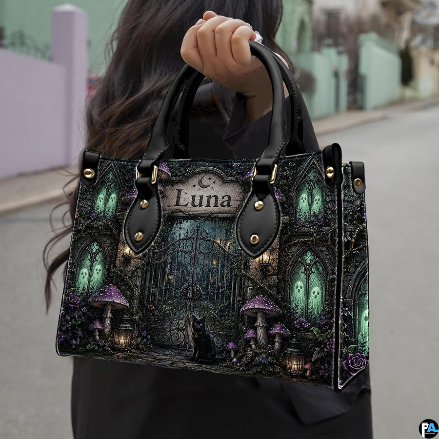 Lifestyle street view of gothic cemetery art accessory highlighting spectral green architectural glow.