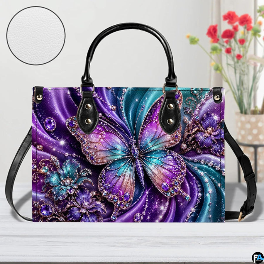 Close-up front view of matching zippered wallet showing crystal butterfly