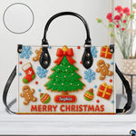 Front view of holiday handbag with close-up circular texture inset.